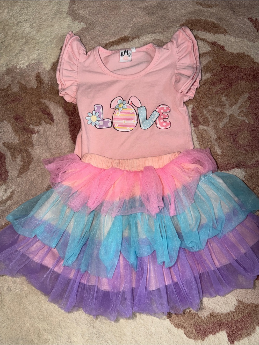 Mia Belle Girls Pink 'Love' Ruffle Sleeve Top with Pastel Rainbow Tutu, sz 2/3 - Picture 2 of 13